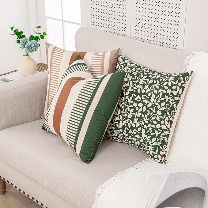 Decorative Farmhouse Throw Pillow Covers 18x18 Accent Faux Leather Pillowcase Rustic Boho Decor,Olive Green and Beige (Cover ONLY, Pack of 2)
