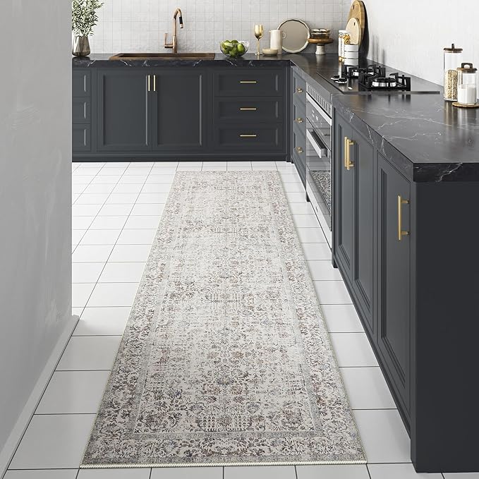 Taupe Runner Rug 2x8 Hallway Machine Washable Kitchen Vintage Distressed Non Slip Long Carpet Indoor Retro Floral Bedroom Accent Throw Rug for Bathroom Office Laundry Dining Living Room