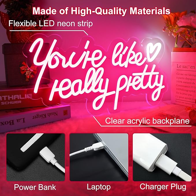You're Like Really Pretty Neon Signs for Wall Decor,Aesthetic Pink Led Neon Light for Bedroom,Beauty Salon,Bar,Party & Gift,Pink Dimmable Led Light Sign for Girls & Women