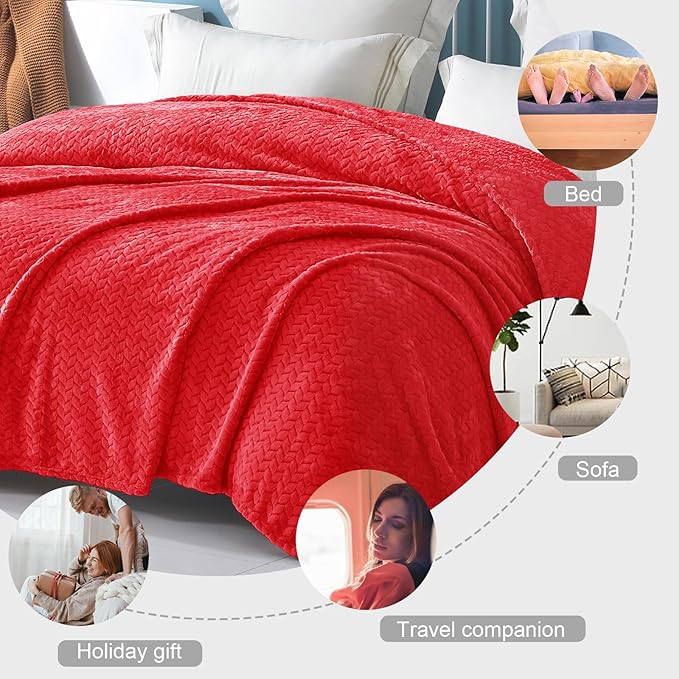 Exclusivo Mezcla Red Fleece King Size Blanket for Bed, 90x104 Inches Soft Cozy Jacquard Flannel Blankets, Lightweight Fuzzy Plush Warm for All Seasons