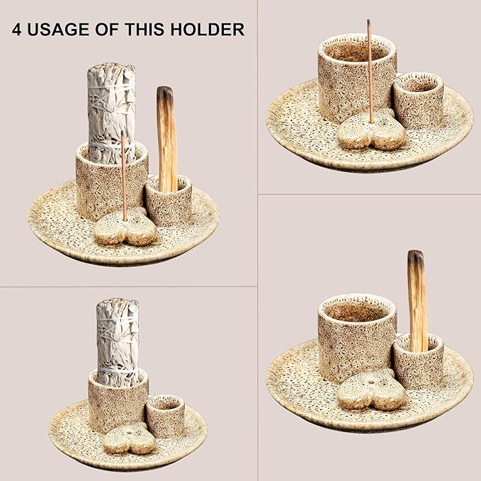 4 in 1 Incense Burner Holder,Incense Sage and Palo Santo Holder,Incense Stick Holder,Ceramic Incense Holder Ash Catcher,for Meditation Room (Brown)