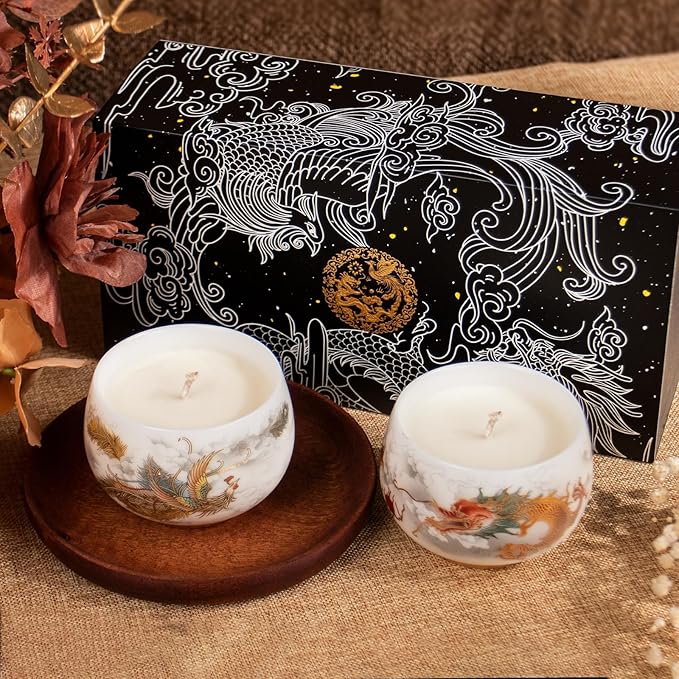 KONNI Scented Candles Gifts for Women Men 2PCS 5.3 Oz Wisteria Scent Ceramic Jar Candles Home Scented 60 Hours Bruning Time Soy Wax Dragon and Phoenix Aromatherapy Candles Decoration