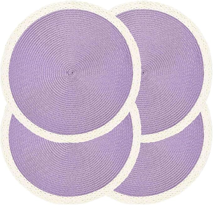 Noctiflorous Round Braided Placemats Set of 4 Table Mats 15 Inches Washable Heat Resistant for Dining Table Non-Slip Indoor Outdoor Place Mats for Easter(02 White Edge Purple 4)