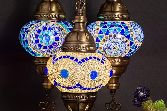 mozaist 3 Light Moroccan Mosaic Table Lamp, Stained Glass Boho Style Turkish Desk Lamp, Farmhouse Antique Living Room, Office Decorative Vintage Lighting with US Plug & E12 Socket (Blue & White)