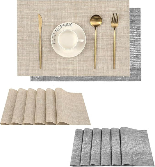 Leetaltree 6PC Grey& 6PC Beige Placemats Set of 12 - Heat Resistant Non-Slip Place mats for Dining Table, Washable Durable PVC Vinyl Woven Table Mats(6PC Grey&6PC Beige), Grey&beige