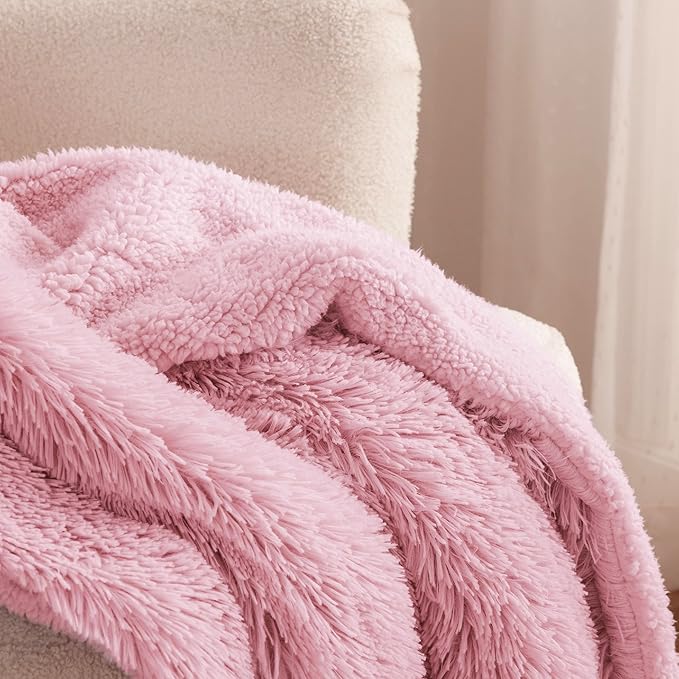 Bedsure Fuzzy Sherpa Faux Fur Twin Blanket Pink Cozy Gifts for Women Men, Soft Fleece Plush Warm Minky Thick Blanket Twin Size for Bed, Couch, Room Decor Dorm Essentials Pink Decor Gifts, 60x80