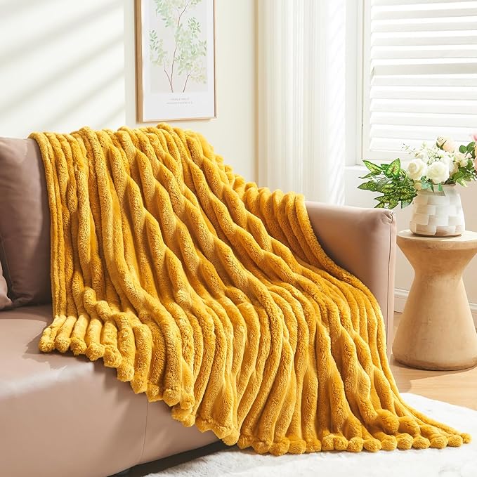NEWCOSPLAY Super Soft Twin Blanket Mustard Yellow Premium Silky Flannel Fleece 3D Ribbed Jacquard Lightweight Bed Blanket All Season Use (Mustard Yellow Ribbed, Twin(60"x80"))