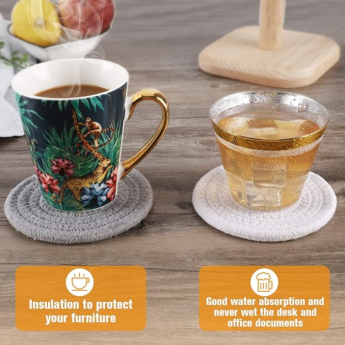 ABenkle 8 Pcs Drink Coasters with Holder, Cotton Woven Absorbent Coasters for Drinks, Minimalist Home Decor Coaster Set for Wooden Tabletop Protection Table, 4.3 inches White