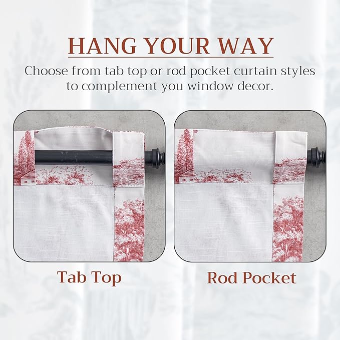 Maison d' Hermine Curtains for Living Room 100% Cotton 108 inch Length Two Panels Light Filtering Toile Curtains for Bedroom Windows with Rod and Loop Pockets Drapes (Trianon Red, 50" W x 108" L)