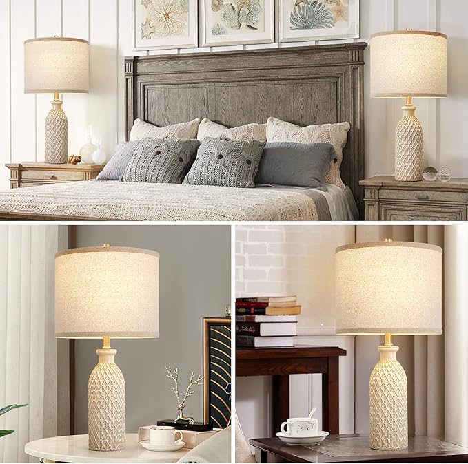 Luvkczc Ceramic Table Lamps Set of 2, Farmhouse 24.8" Bedside Lamps with 3-Color Temperature, Modern Nightstand Lamp Desk Reading Lamp for Bedroom, Living Room, Office, 2 Bulbs Included