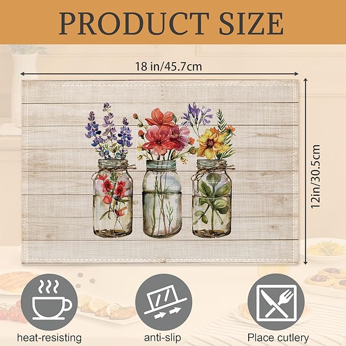 Summer Flowers Placemats Set of 6,Washable Heat Resistant 12×18 Inch Linen Table Mats Fall Floral Place Mats for Party Outdoor Dining Décor