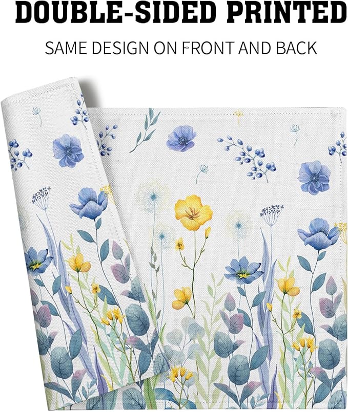 Watercolor Floral Placemats Set of 4 Blue Yellow Poppy Flowers Washable Non-Slip Heat Resistant 12×18 Inch Spring Summer Seasonal Linen Fabric Table Mats for Kitchen Dining Table
