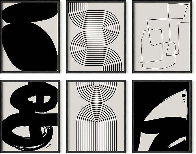 HAUS AND HUES Black Abstract Painting Aesthetic Wall Art- Set of 6 Modern Abstract Wall Art, Black and Gray One Line Abstract Art, Geometric Print Wall Art, Minimalist Wall Art (Black Frame, 8x10)