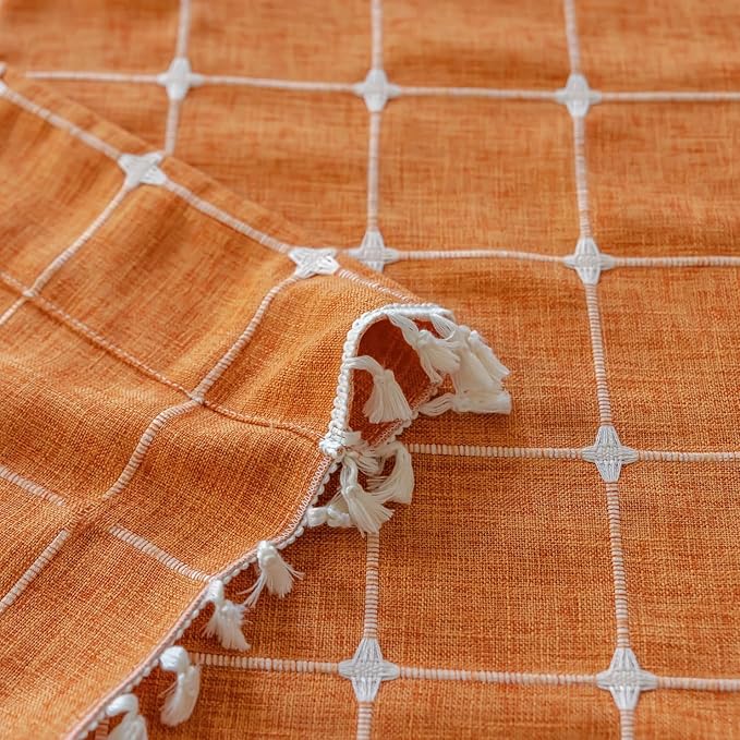 Sutuo Home Boho Curtains Plaids for Bedroom, Semi Blackout Linen Farmhouse Tassels Window Treatment Bohemian Embroidery Drape for Fall Halloween Decor, Rod Pocket 1 Panel 52" W x 84" L, Burnt Orange