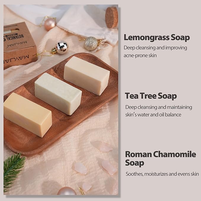 Natural Botanical Bar Soap With Vitamin E Pure Plant Oil Bath Body Soap Variety Bars Lemongrass,Tea Tree,Roman Chamomile Rich Creamy for Men, Women All Skin, 3Pack Cold Process Tree Tea Soap Bar Gift