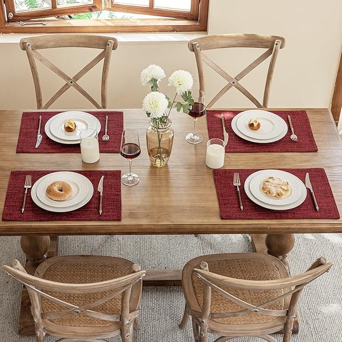 Placemats Set of 8, Dual-Layered Thickened Faux Linen Cloth Place Mats Heat Resistant Machine Washable Wrinkle Free Table Mats Indoor/Outdoor (Red)