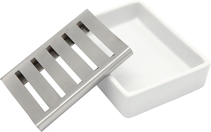 Ceramic Soap Dish Stainless Steel Soap Holder for Bathroom and Shower Double Layer Draining Soap Box