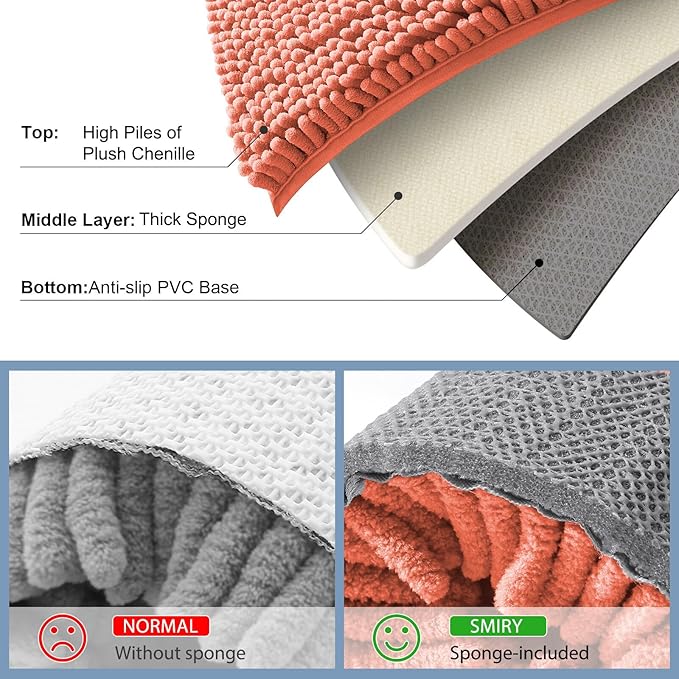 Smiry Luxury Chenille Bathroom Rugs 36x24, Extra Soft and Absorbent Shaggy Bath Mat, Machine Washable, Non-Slip Plush Carpet Runner for Tub, Shower, and Floor, Home Decor Accessories, Coral