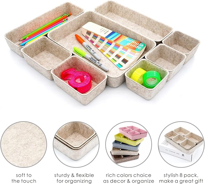 Welaxy 8-piece Nordic Beige desk drawer organizer tray office suppliers pens decluttering aesthetic wabi-sabi Scandinavian-chic storage bin hygge sleek minimalist back to school (Oatmeal)