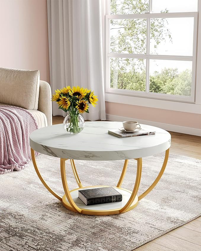 LITTLE TREE Round Coffee Table, 32" Circle Faux Marble Coffee Tables for Living Room, 2-Tier Golden Metal Legs Accent Center Table with Open Storage Modern Design Home Furniture (White and Gold)