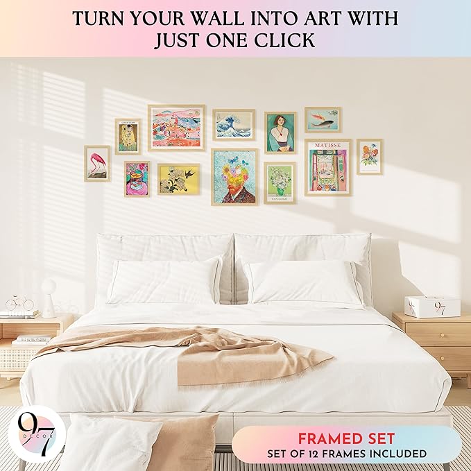 97 Decor Eclectic FRAMED Wall Art Set - Colorful Eclectic Decor, Retro Colorful Wall Art Prints, Trendy Maximalist Decoration Aesthetic Pictures Gallery Wall Prints, Famous Artist Posters For Bedroom (BEIGE FRAME)
