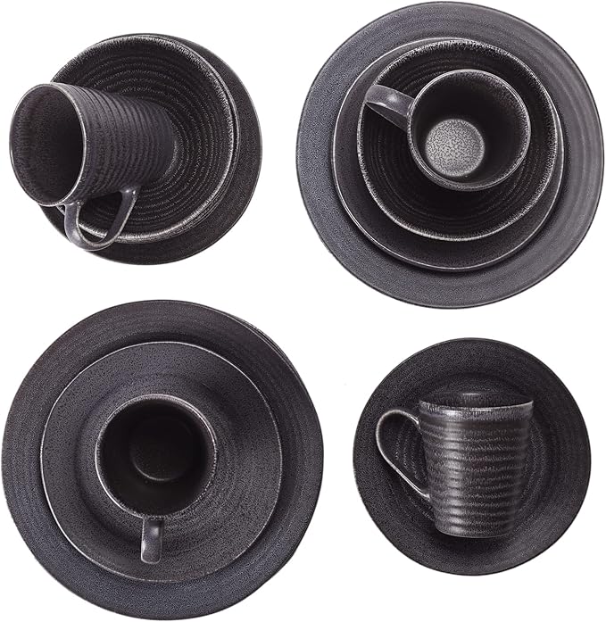 Elanze Designs Charming Chic Ribbed Modern Thrown Pottery Look Ceramic Stoneware Plate Platter Mug & Bowl Kitchen Dish Dinnerware 16 Piece Set - Service for 4, Charcoal Grey