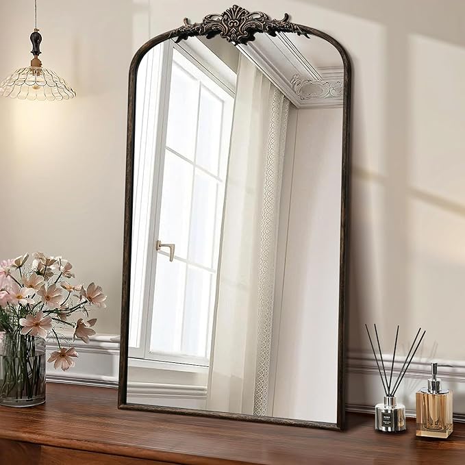 Antique Baroque Arched Mirror: 24"x42" Black Vintage Wall Mounted Mirror - Traditional Ornate Metal Frame - Ideal for Entryway/Living Room/Hallway/Bathroom