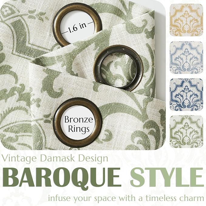 jinchan Curtains for Bedroom, Light Filtering Curtains 90 Inch Length 2 Panels Set, Baroque Style Linen Drapes for Living Room, Vintage Damask Patterned Window Treatments, Grommet Sage Green on Flax