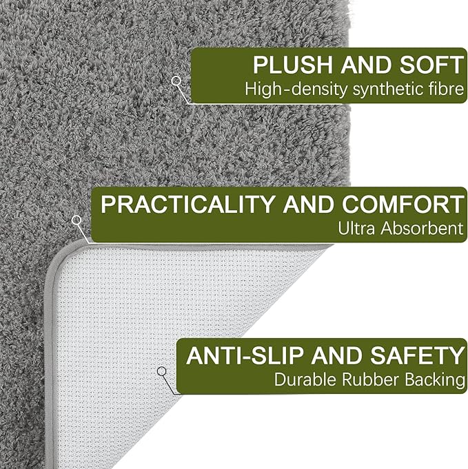 AROGAN 24x60 Inch Long Bathroom Runner Rug, Luxury Thick Soft and Absorbent Microfiber Non Slip Bath Mat, Rubber Backing Quick Dry Rugs Carpets, Machine Washable Plush Mats for Shower Floor, Grey