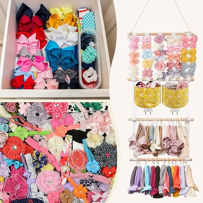 kangaroo Hairband Organizer for Baby Girls, Large Capacity Bow Holder Hair Accessories Wall Hanging Organizer with 20 S-hooks and 2 Pockets, Yellow