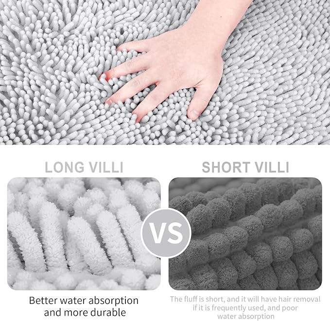 Light Gray Bathroom Rugs 2 Pieces Chenille Bath Rug Mat, Extra Thick and Soft Absorbent Bath Rugs, Machine Washable, Non-Slip Plush Bath Mats for Tub, Shower, (Light Gray, 32"x20"+24"x16")