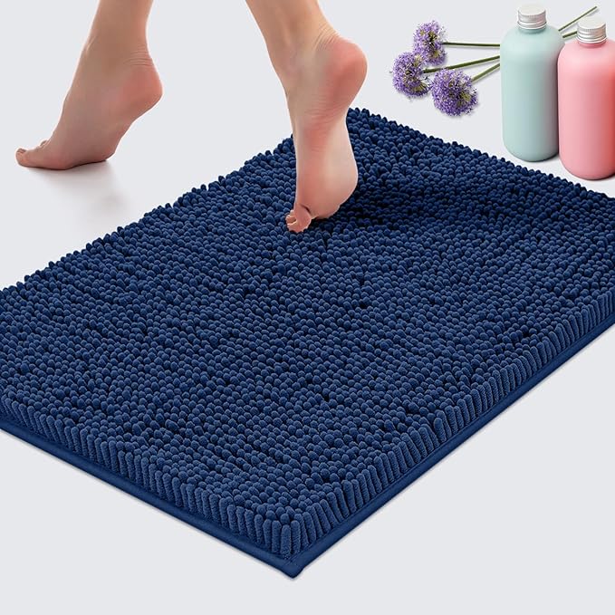 LuxUrux Bathroom Rugs Sets 2 Piece - Plush Bath Mat Set Quick-Dry Soft Chenille Bathroom Mat with Rubber Backing, Absorbant Bathroom Rug Set, Washable.(17 x 24, Blue)