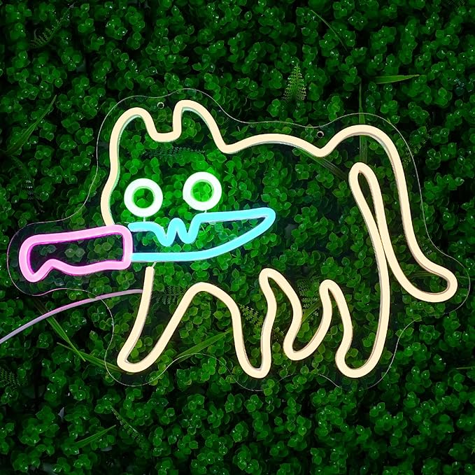 Cat Neon Sign for Wall Decor Knife Neon Light Cautiously Cat LED Neon Sign White LED Neon Light for Bedroom Zoo Cat Cafe Cat House Store Home Men Cave Home Bar Decoration(16.9"*12.4")