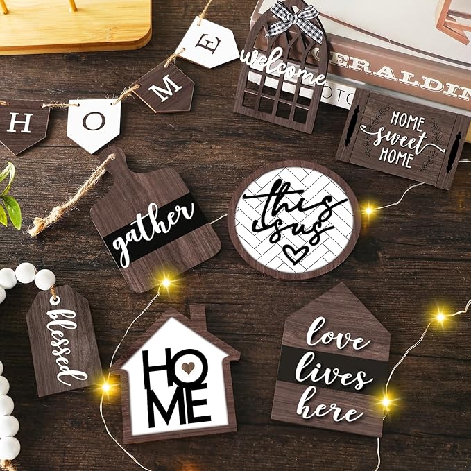 Set of 11 Summer Farmhouse Tiered Tray Decor Rustic Home Tiered Tray Decorations Set Wooden Signs Home This is Us Farmhouse Tabletop Wood Signs for Kitchen Table Shelf Decor