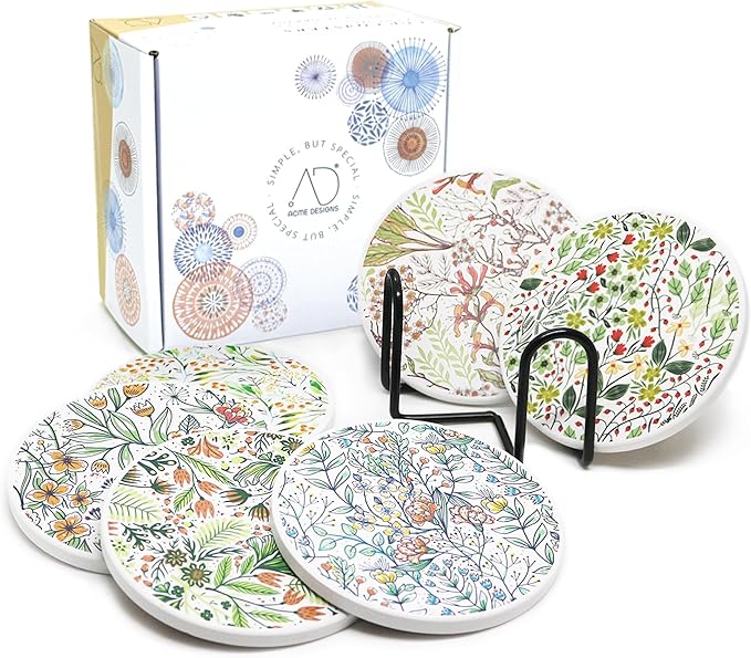 AD Set of 6 Coasters for Drinks Absorbing Round Ceramic Stone Coaster with Cork Base Tabletop Protection Mat for Mugs and Cups,Office,Kitchen (Bontanicals with Holder)