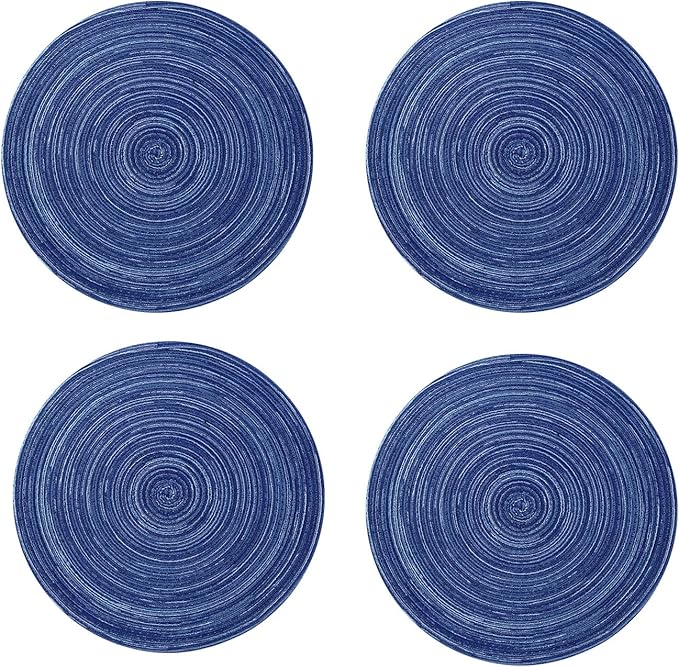 Topotdor 14 Inch Round Placemats Heat-Resistant Stain Resistant Anti-Skid Washable Polyproplene Table Mats Placemats (Blue, Set of 4)
