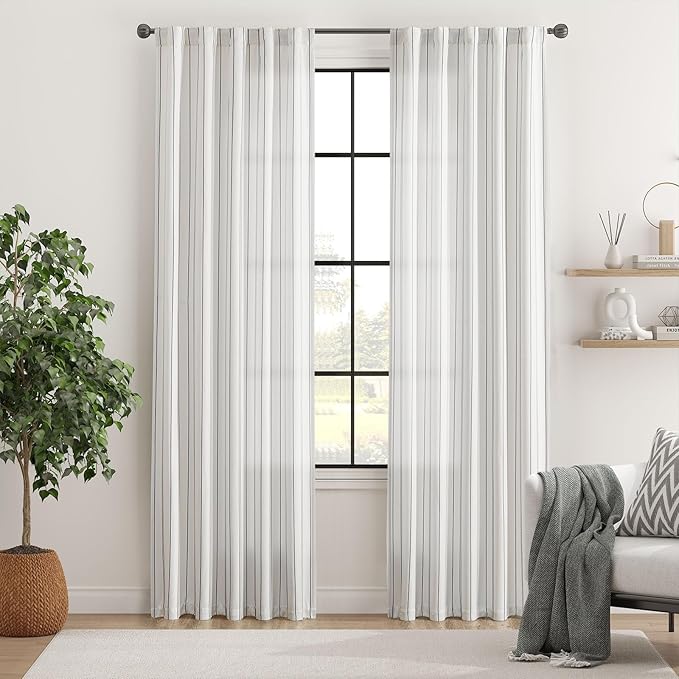 jinchan Black and White Striped Curtains, 84 Inch Length for Living Room and Bedroom, Pinstripe Privacy Light Filtering Modern Window Curtains Set of 2 Panels
