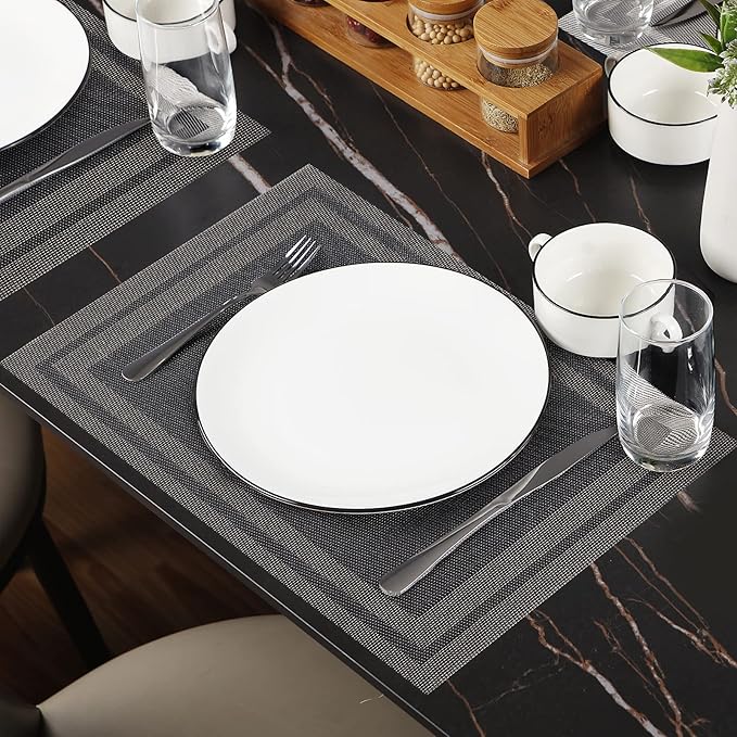 Placemats Set of 8,Washable,Heat and Stain Resistant Indoor/Outdoor Place mats, Vinyl Woven Non Slip Table Mats for Restaurant Table Protection, PVC Table Placemats.(Black Gold, 8PCS)