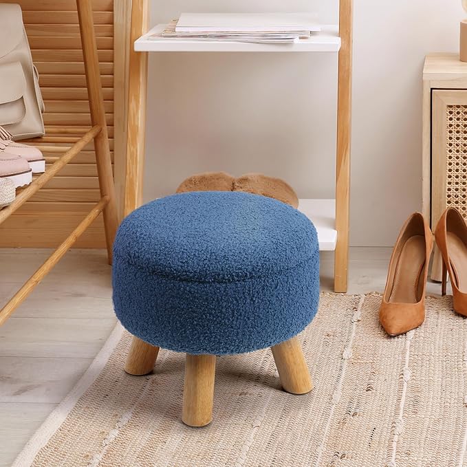 Ottoman Foot Rest, Small Round Ottoman with Storage, Boucle Teddy Velvet Footstool with Wood Legs, Soft Sponge Storage Ottoman for Living Room, Bedroom, Couch, Enterway (Dark Blue)