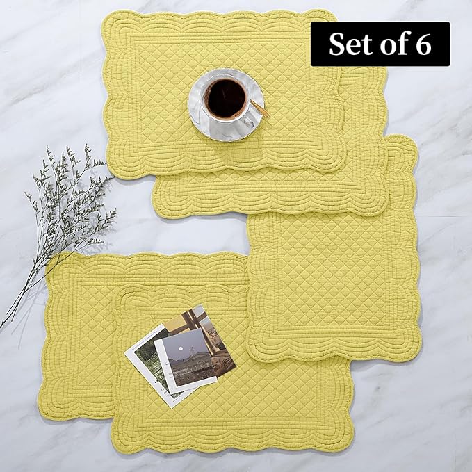 HOMBYS Quilted Placemats Set of 6 Washable-13x18 inches Rectangular Placemats for Kitchen Table-100% Cotton Fabric Rectangular Table Mats, (Yellow)