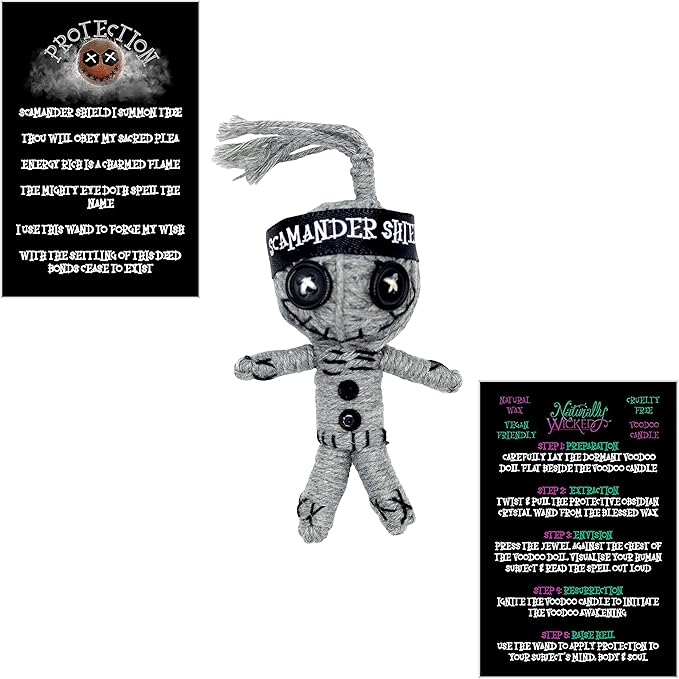 Naturally Wicked Voodoo Protection Candle Set - Inc. Voodoo Doll, Crystal, Wood Wick, Valiant Liquorice Scent & Gift Box