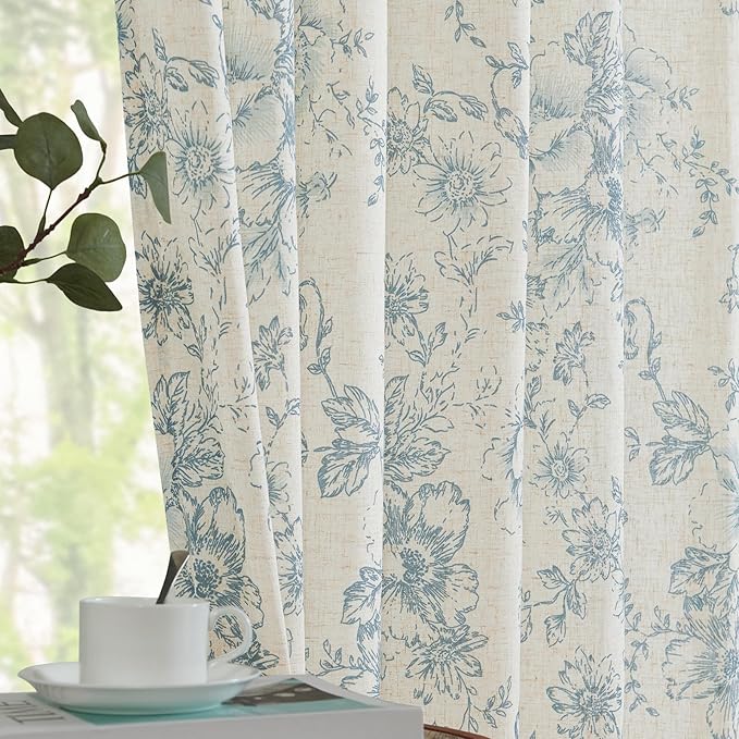 jinchan Linen Floral Curtains Extra Wide for Patio Sliding Glass Door Room Divider Curtain for Living Room 96 Inch Length Farmhouse Peony Blue Printed Curtain Set 1 Panel