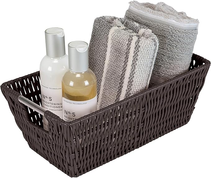 Simplify 11"x6.5"x4.5" Small Shelf Storage Woven Basket with Handles, Nursery, Playroom, Toys, Bedroom, Closet, Clothes, Office, Decorative Rattan Totes, Chocolate