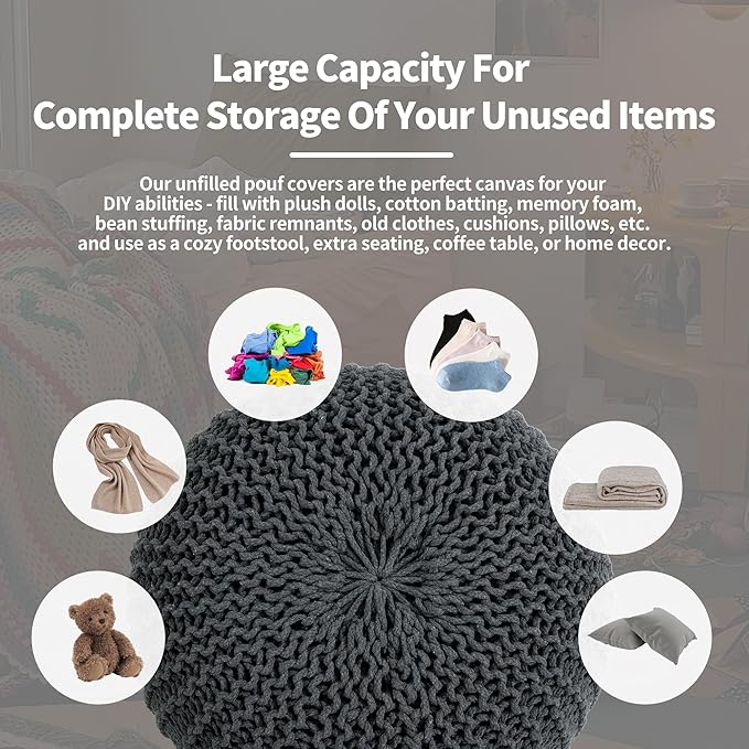 HOMBYS Unstuffed Ottoman Pouf Cover, 100% Cotton Handmade Knitted Ottoman Pouf Cover Round Foot Stool, Floor Bean Bag Chair, Foot Rest with Storage for Living Room Bedroom, Grey(Cover ONLY NO Filler)