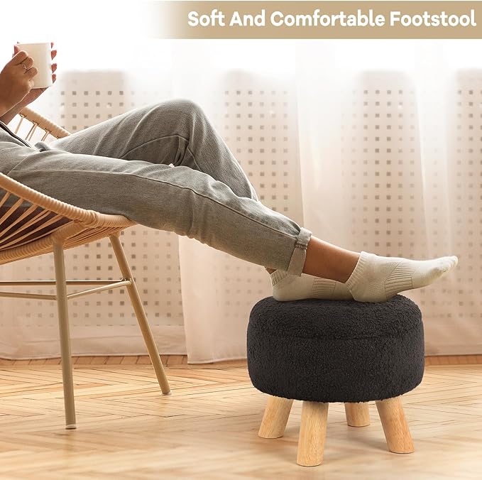 Ottoman Foot Rest, Small Round Ottoman with Storage, Boucle Teddy Velvet Footstool with Wood Legs, Soft Sponge Storage Ottoman for Living Room, Bedroom, Couch, Enterway (Black)
