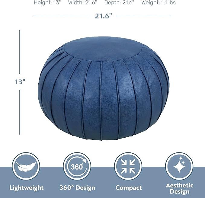 Thgonwid Handmade Storage Pouf Ottoman Foot Stool - Faux Suede Round Floor Cushion 21.6"x13" for Living Room, Bedroom, Wedding Decor, Unstuffed (Deep Blue)