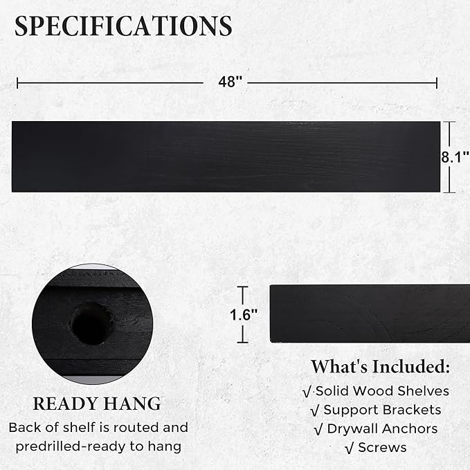 Axeman Floating Shelves, 8 Inch Deep Modern Solid Wood Wall Shelves for Storage, Wall Mounted Display Shelving with Invisible Heavy-Duty Metal Bracket, 48" W x 8" D x 1.6" H, Distressed Black