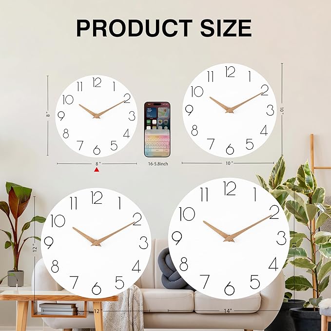 Wall Clock, White Silent Non-Ticking, Decorative Battery Operated Wall Clocks for Bedroom, Kitchen, Home, Office, School, Hotel (8 Inch)