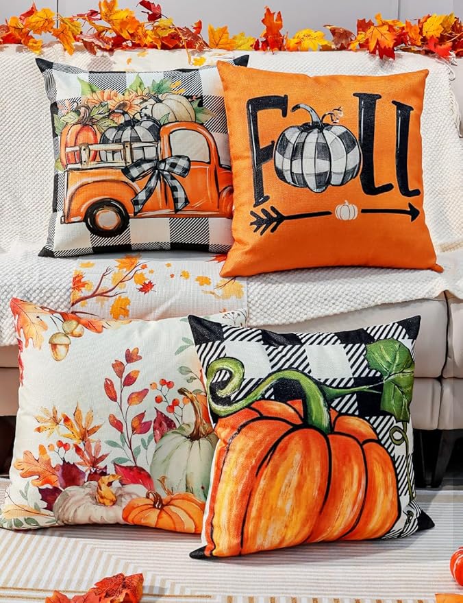 TOYPOPOR Fall Decorations Pillow Covers Double-Side Printing 18'' x 18'' Set of 4, Pumpkins Thankful Blessed Buffalo Plaid Fallen Leaves Thanksgiving Throw Cushion Cases for Outdoor Indoor Home Decor