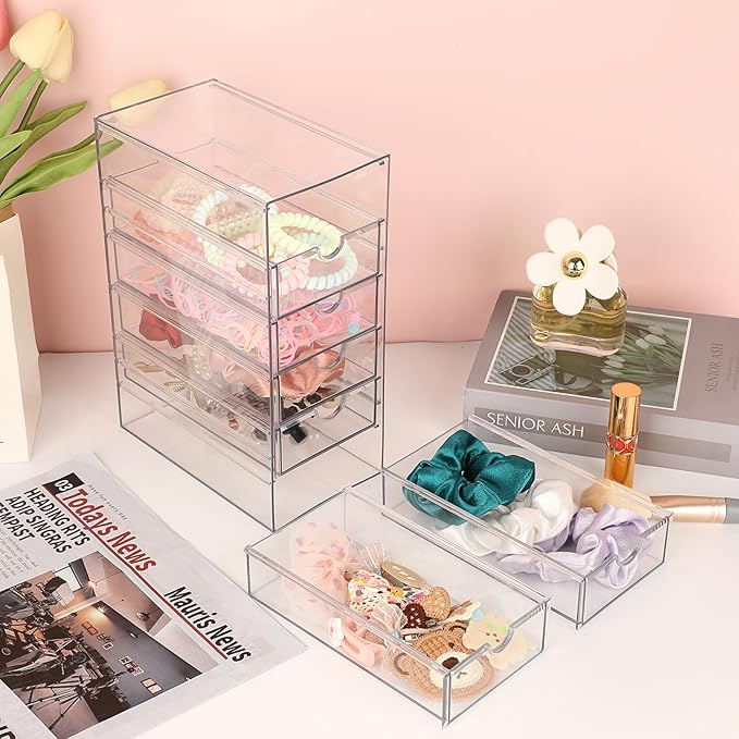 Hipiwe Plastic Drawer Organizer Clear Desktop Drawers Box with 6 Pull Out Drawer Compact Storage Box for Cabinet Vanity Bathroom Bedroom Pantry Shelf Office or Closet Organization